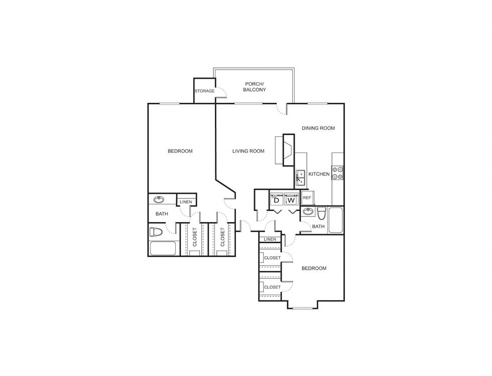 Floor plan for 2 beds, 2 baths, 1172 sqft